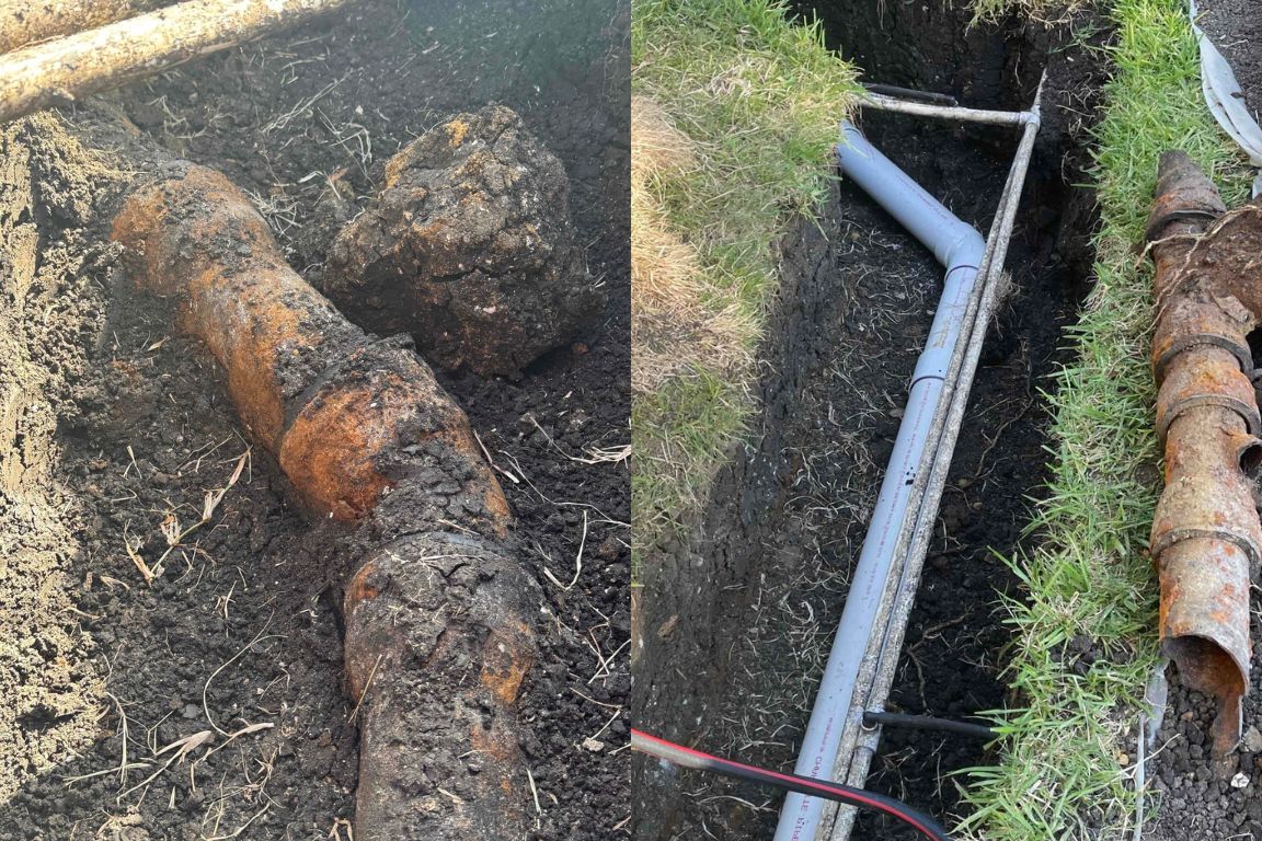before and after of damaged cast iron sewer pipe and new pvc sewer pipe replacement in highland park, tx by mother modern plumbing 