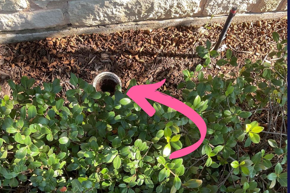 overhead photo of exterior two-way sewer cleanout outside home indicated by pink arrow