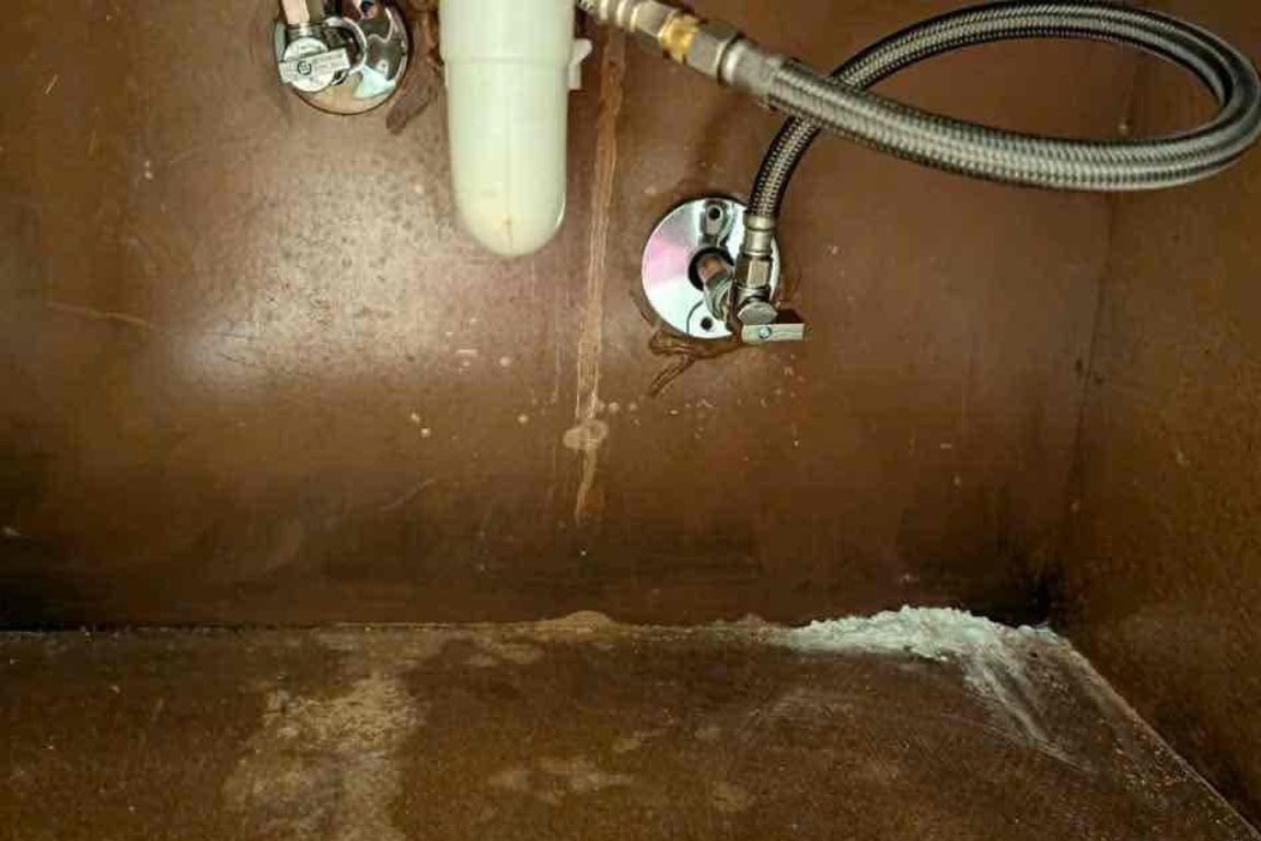 water damage from detected leak under kitchen sink in garland tx townhome, mother modern plumbing