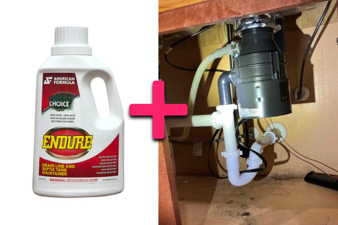 bottle of endure enzyme drain cleaner next to photo of kitchen sink P-trap as examples of DIY drain maintenance