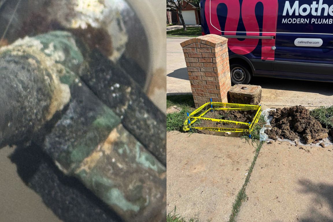 side by side photos of collin county drainage issues: hard water damage on drain pipe, and clay soil stress in front yard of home