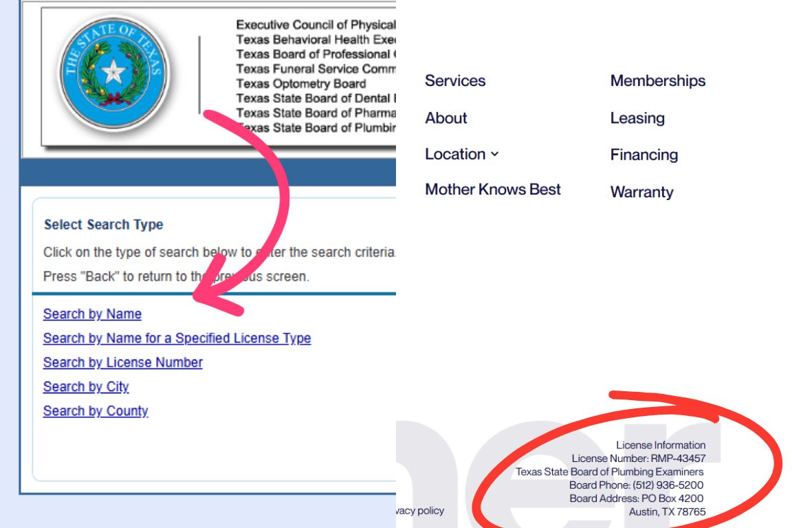 methods to search active license of dfw plumber, tsbpe website and mother modern plumbing website