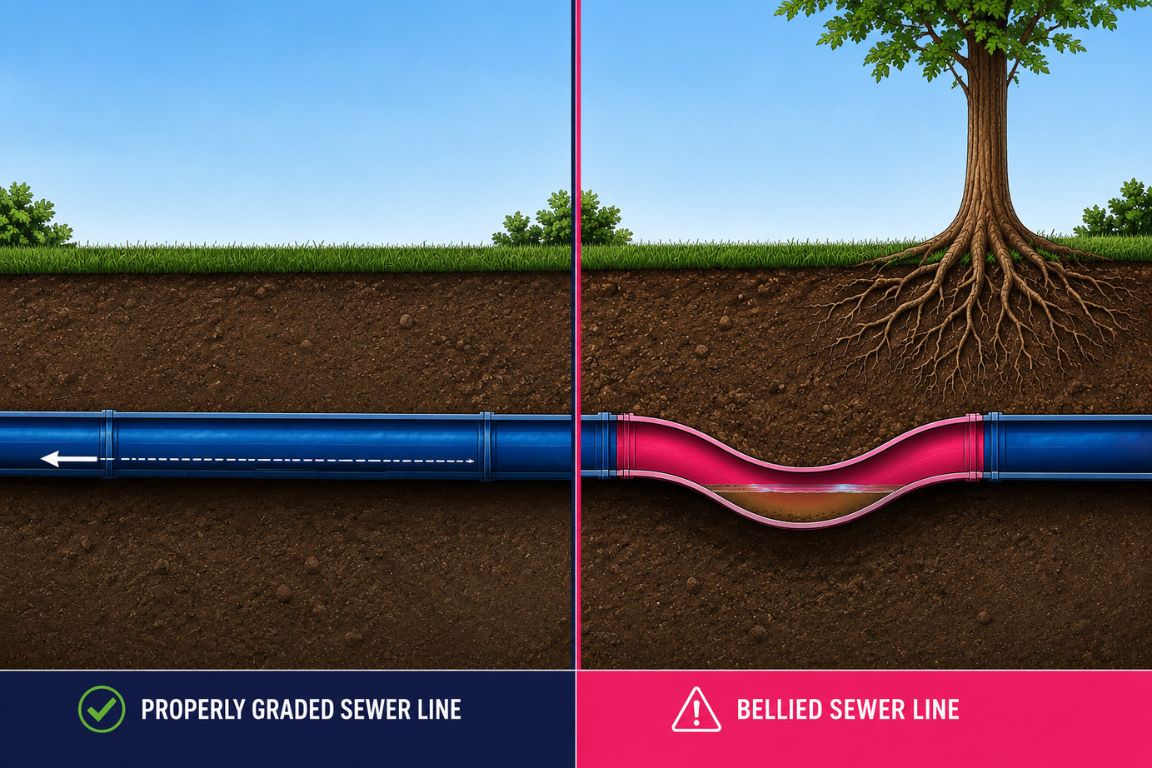 comparative side by side diagram of a properly graded sewer line vs a bellied sewer pipe in dfw backyard
