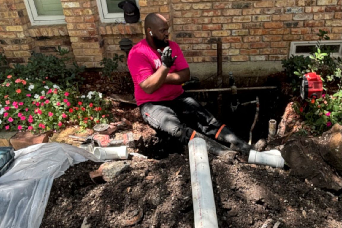 licensed plumber installs properly graded schedule 40 pvc to repair bellied sewer pipe section in dallas, tx home, mother modern plumbing