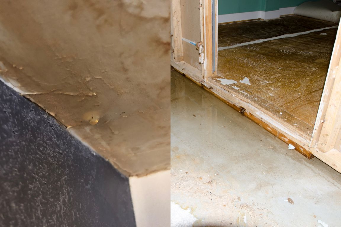 photos of wastewater backup damage to residential home flooring and walls