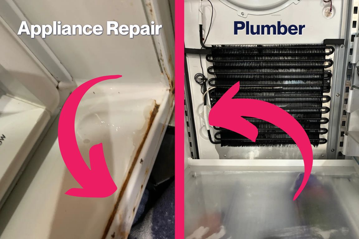 side by side internal and external refrigerator water leaks to indicate when to call an appliance repairman or a plumber