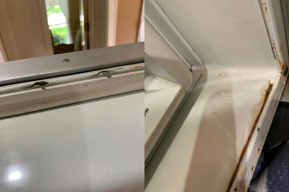 images of worn out refrigerator and freezer door gaskets creating small condensation leaks