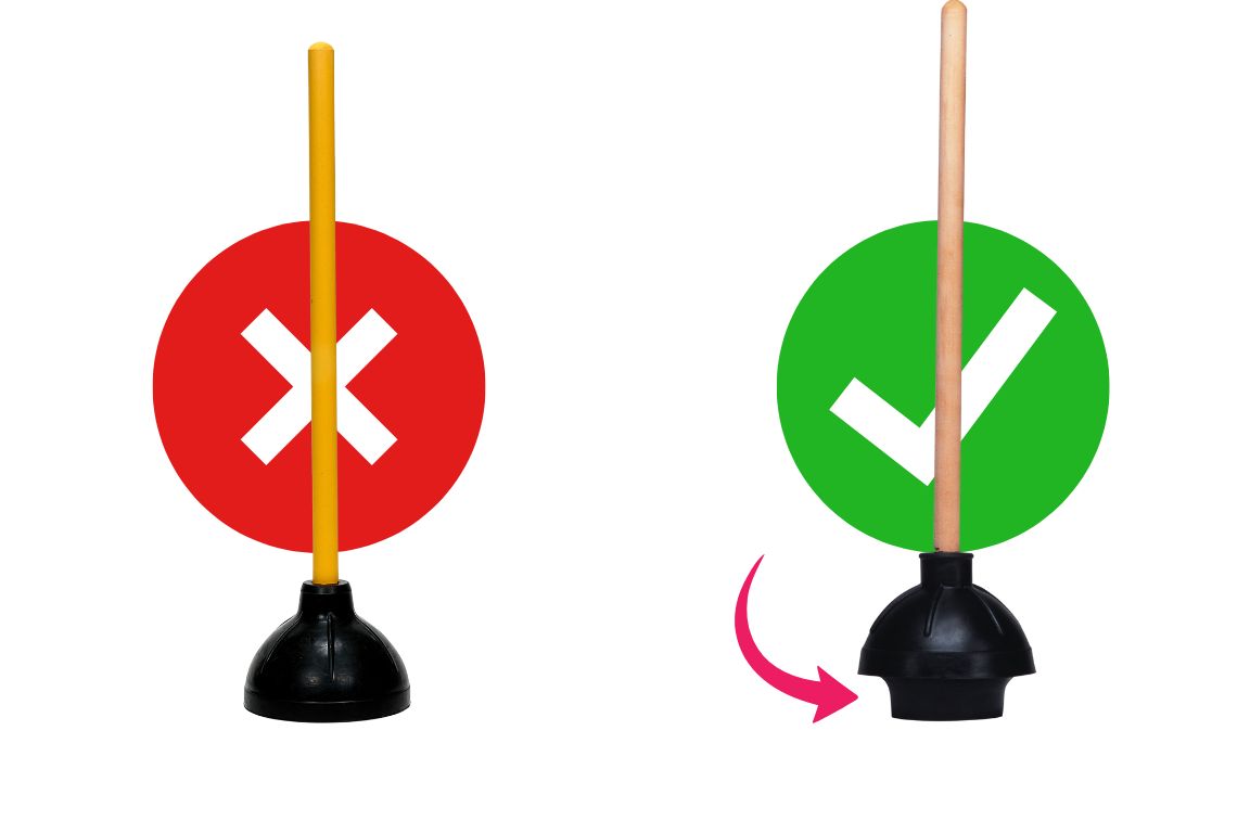depicts difference between regular flat plunger and flange plunger. flange plunger is needed for toilet overflow remediation