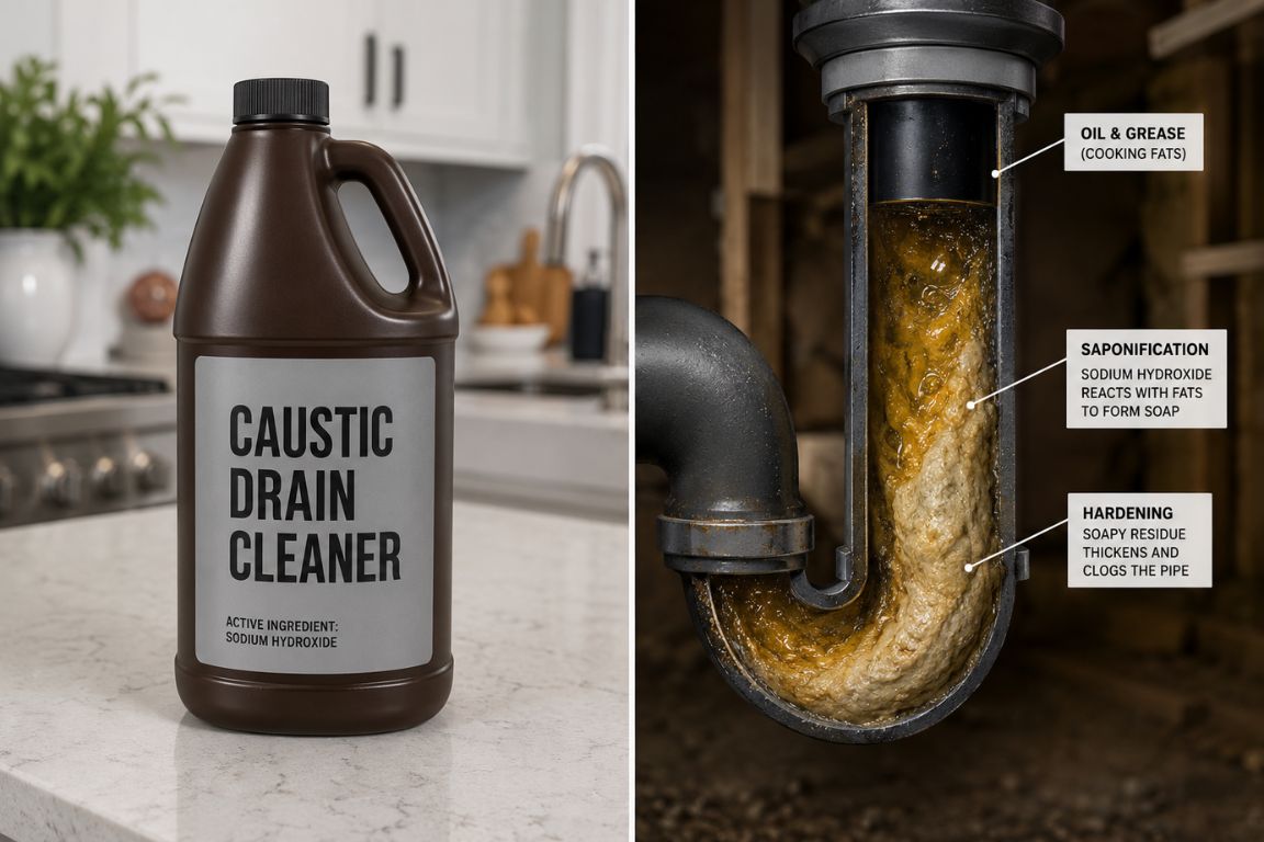 side by side images of a bottle of caustic drain cleaner, and the saponification process of sodium hydroxide turning a grease clog into soap in a drain pipe