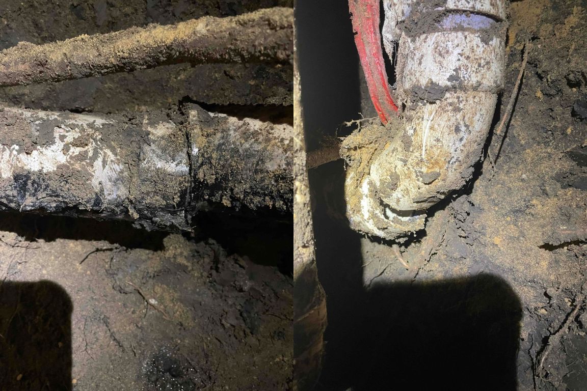 photos of failing pvc sewer line under park glen, fort worth tx home during repairs by mother modern plumbing