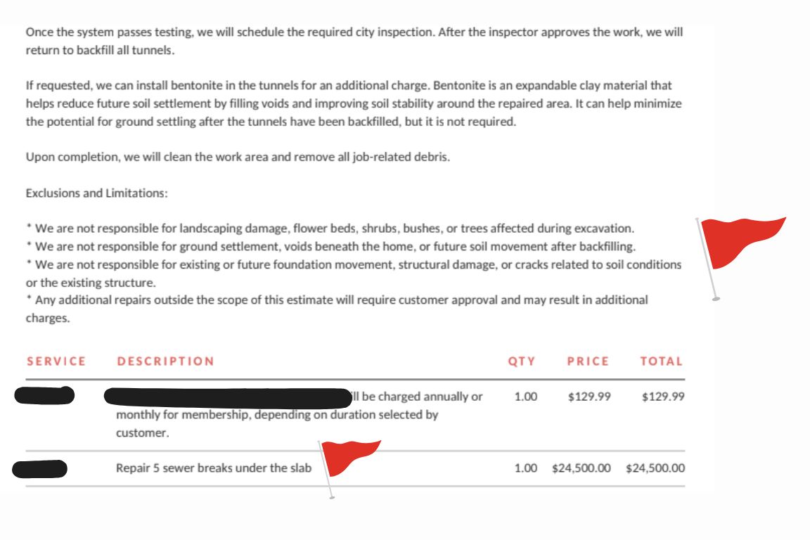 red flags on a real competing plumbing quote for sewer repair in rowlett, tx