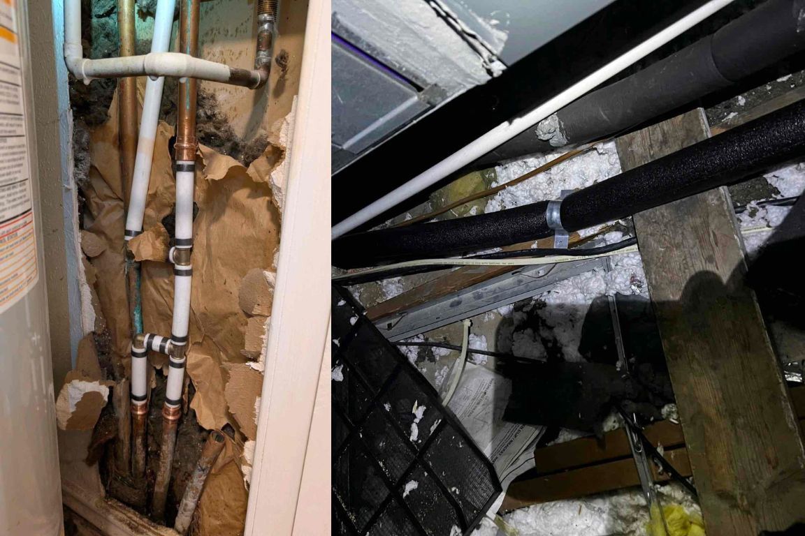 two images of sewer line reroute through wall and attic of tanglewood fort worth tx home, mother modern plumbing