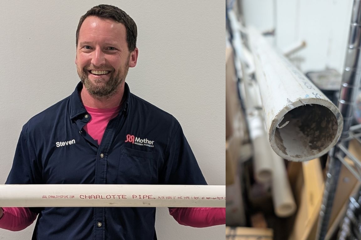 master plumber steven smith (RMP-43457) holds schedule 40 pvc pipe for sewer line