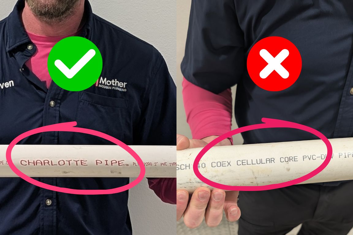 side by side view of schedule 40 pvc and sdr-35 pvc, different lettering indicates core material differences