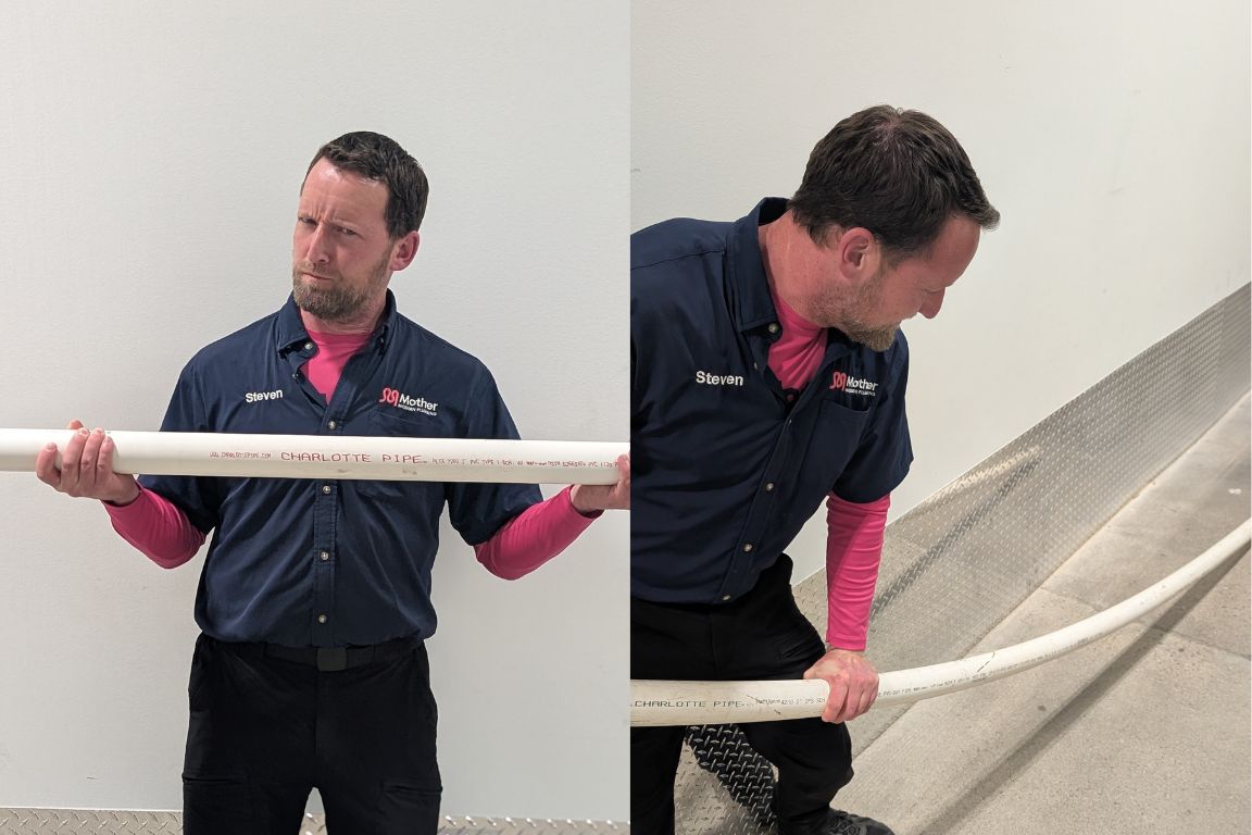 master plumber steven smith demonstrates thin-walled flexibility of sdr-35 pvc pipe, less desirable sewer line material