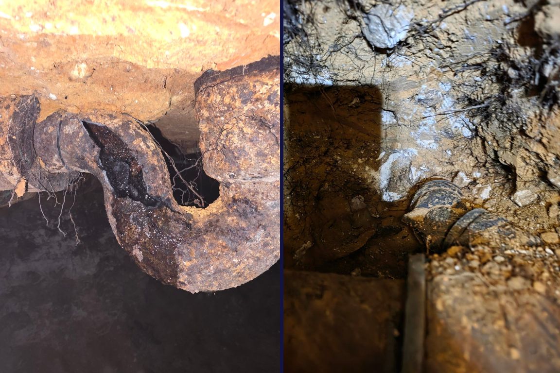 extremely corroded cast iron sewer pipe under fort worth tx residence, replaced by mother modern plumbing