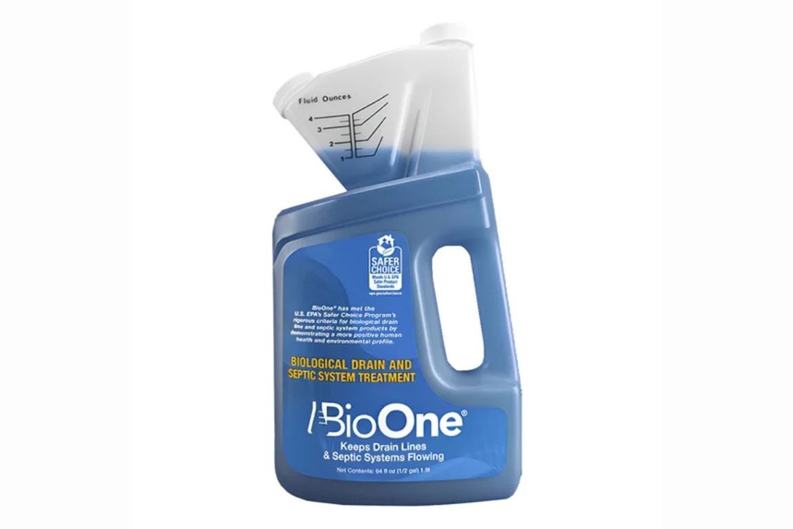 blue bottle of bioone liquid drain and septic treatment, bacterial drain cleaner for grease