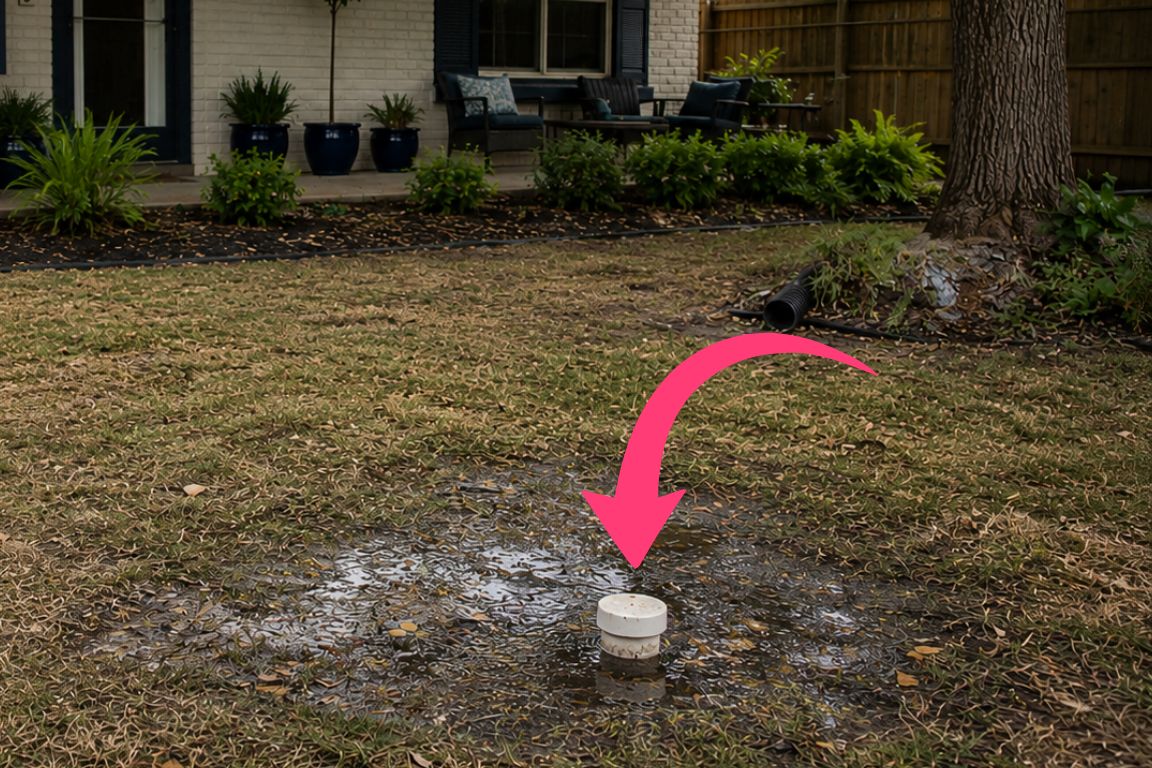 sewage puddle around exterior pvc sewer cleanout in fort worth tx home property