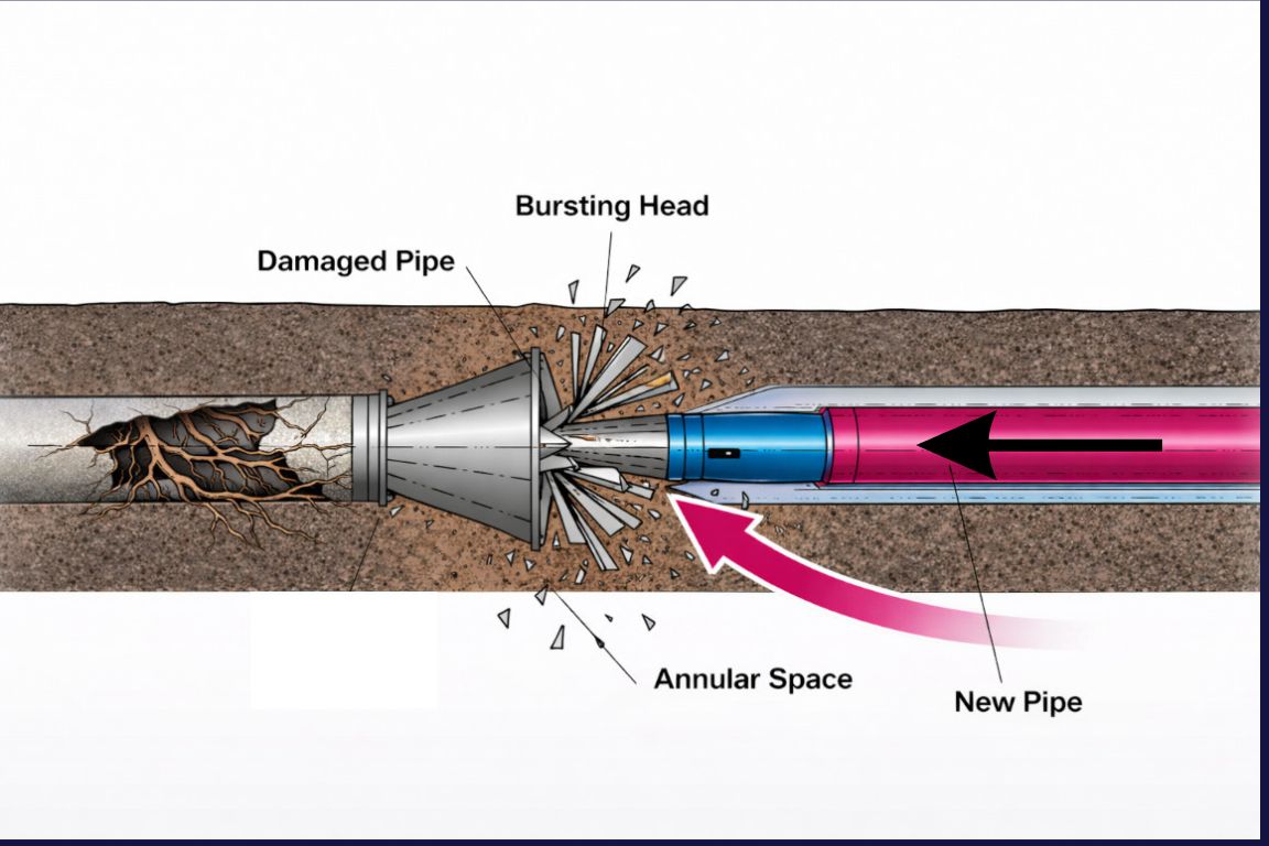illustrative diagram of trenchless pipe bursting for underground pipe repair, with bursting head breaking apart old pipe and laying new hdpe in place
