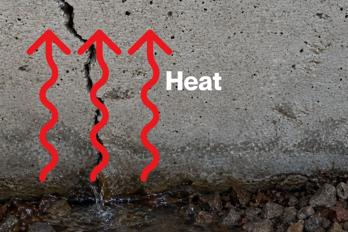 diagram showing hot water leak under slab foundation and heat rising to the floor