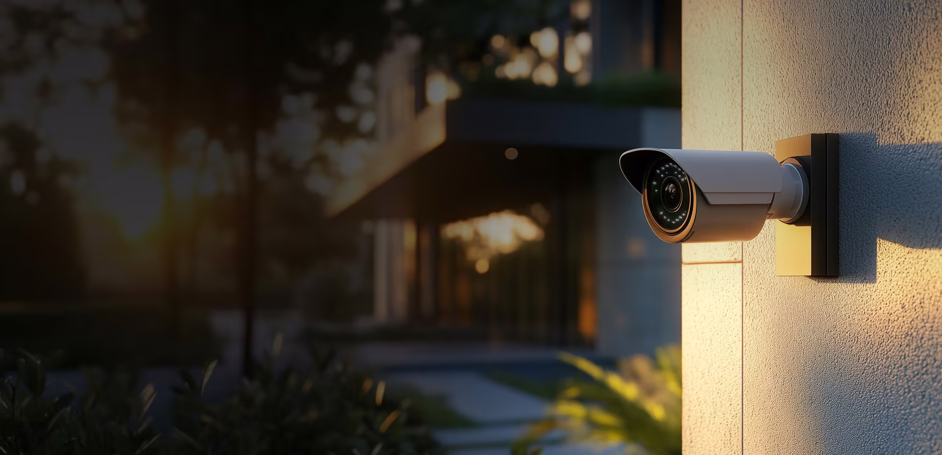 Caméra de vidéosurveillance fixée sur la façade d'un bâtiment au coucher du soleil