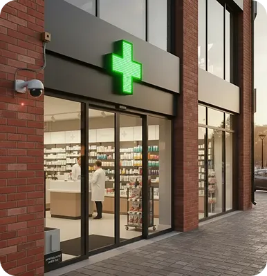 Façade de pharmacie équipée d'une caméra de vidéosurveillance