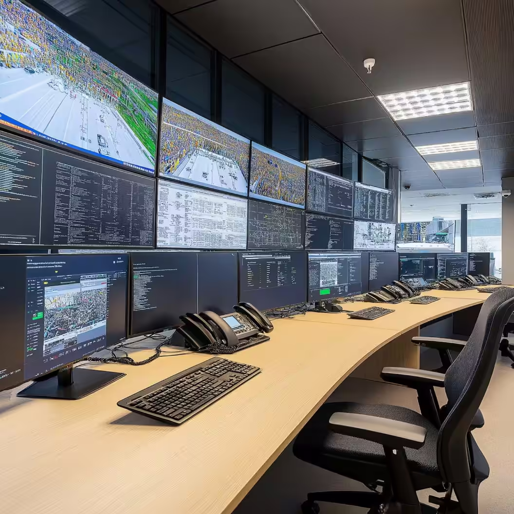 Centre de télésurveillance équipé de nombreux écrans de contrôle