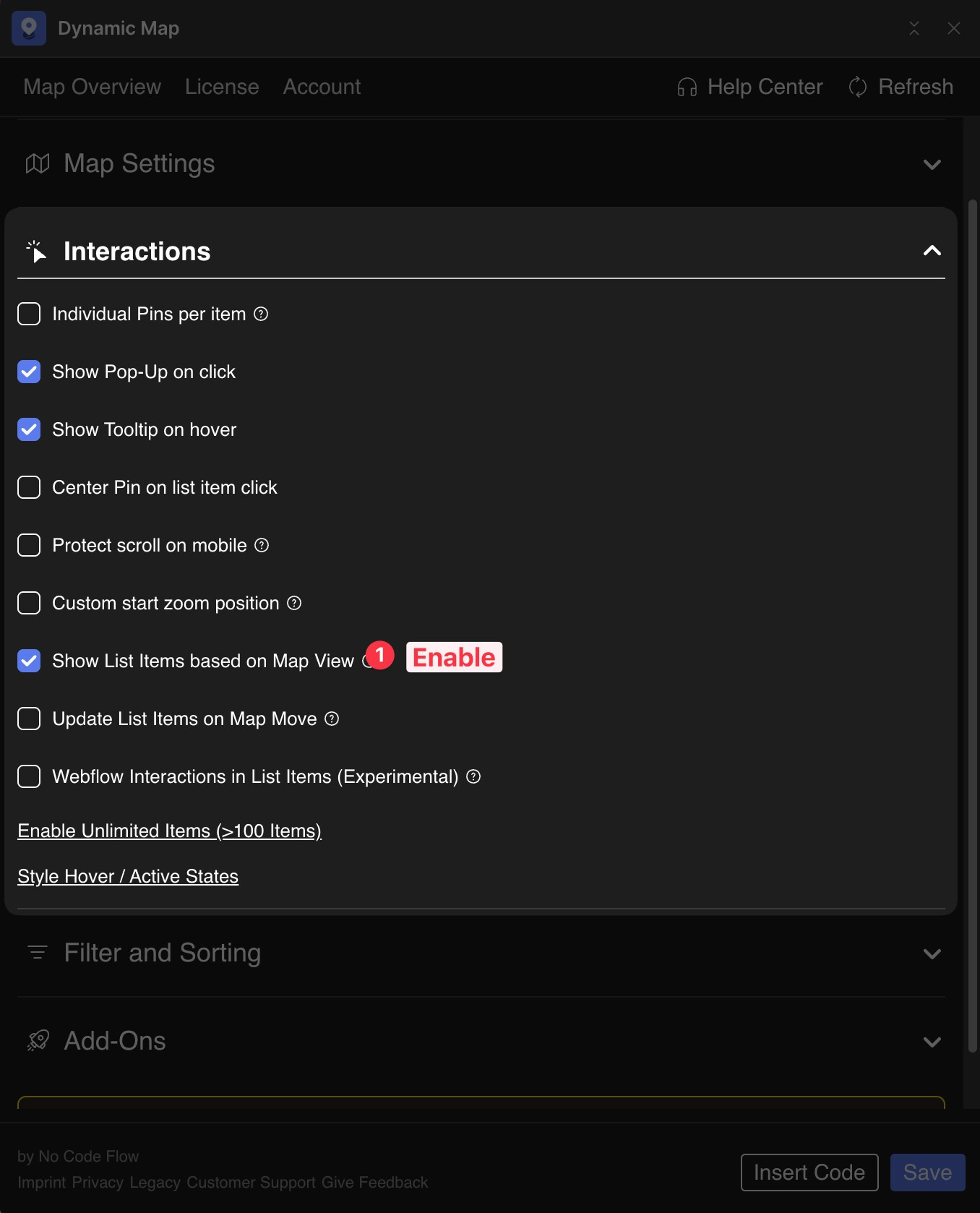 Dynamic Map App Interactions panel showing the Show list items based on map view toggle enabled, which activates the real-time Visible Count feature.