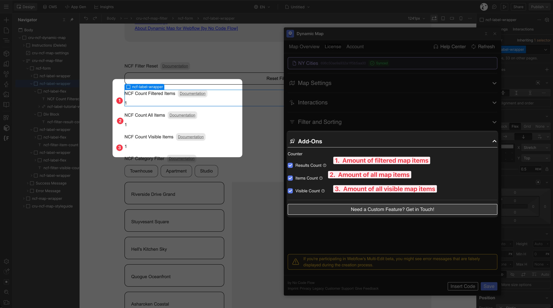 Webflow Designer showing the three Dynamic Map count attributes: ncf=resultscount for total count, ncf=visiblecount for visible count, and ncf=filteredcount for filtered count.
