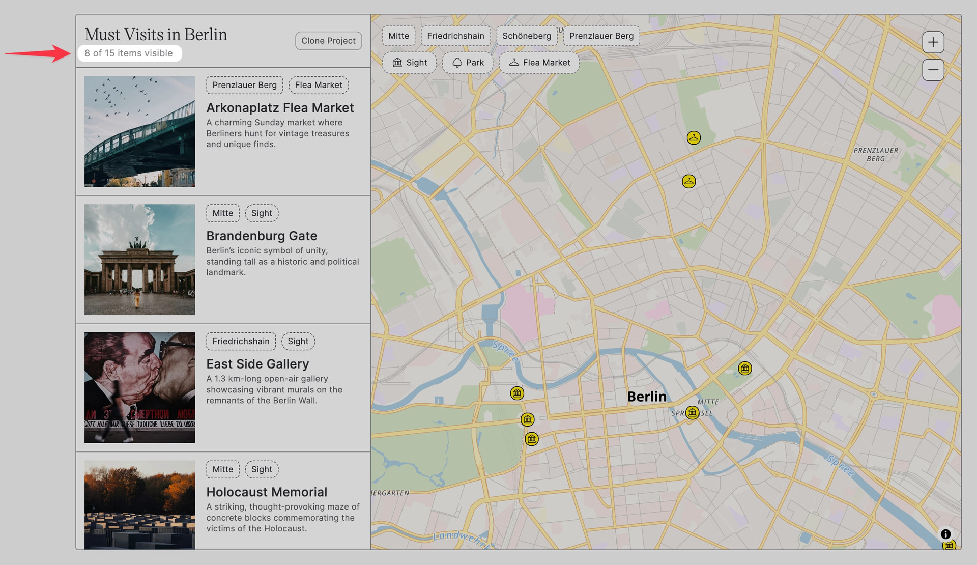 Dynamic Map for Webflow showing total, visible, and filtered item count indicators displayed above the map item list.