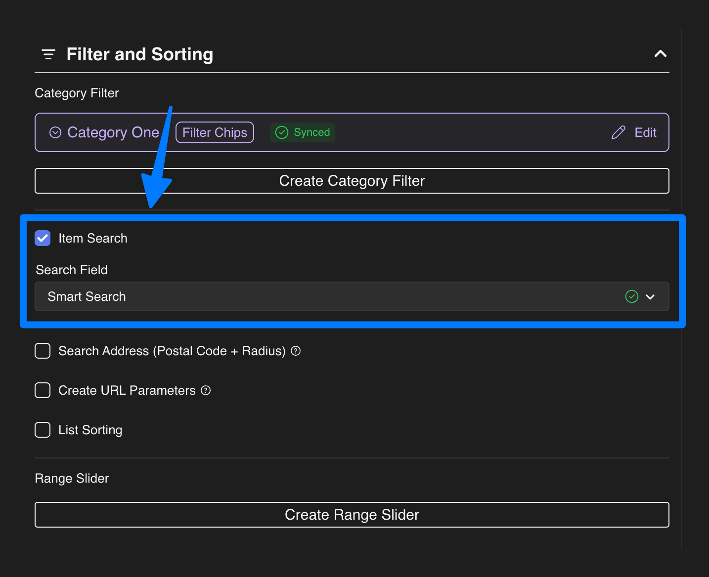 Dynamic Map App Filter and Sorting panel showing Item Search enabled with Smart Search selected as the search field.