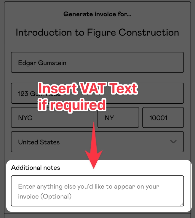 Gumroad invoice page showing the Additional Information text field where VAT details must be entered manually.