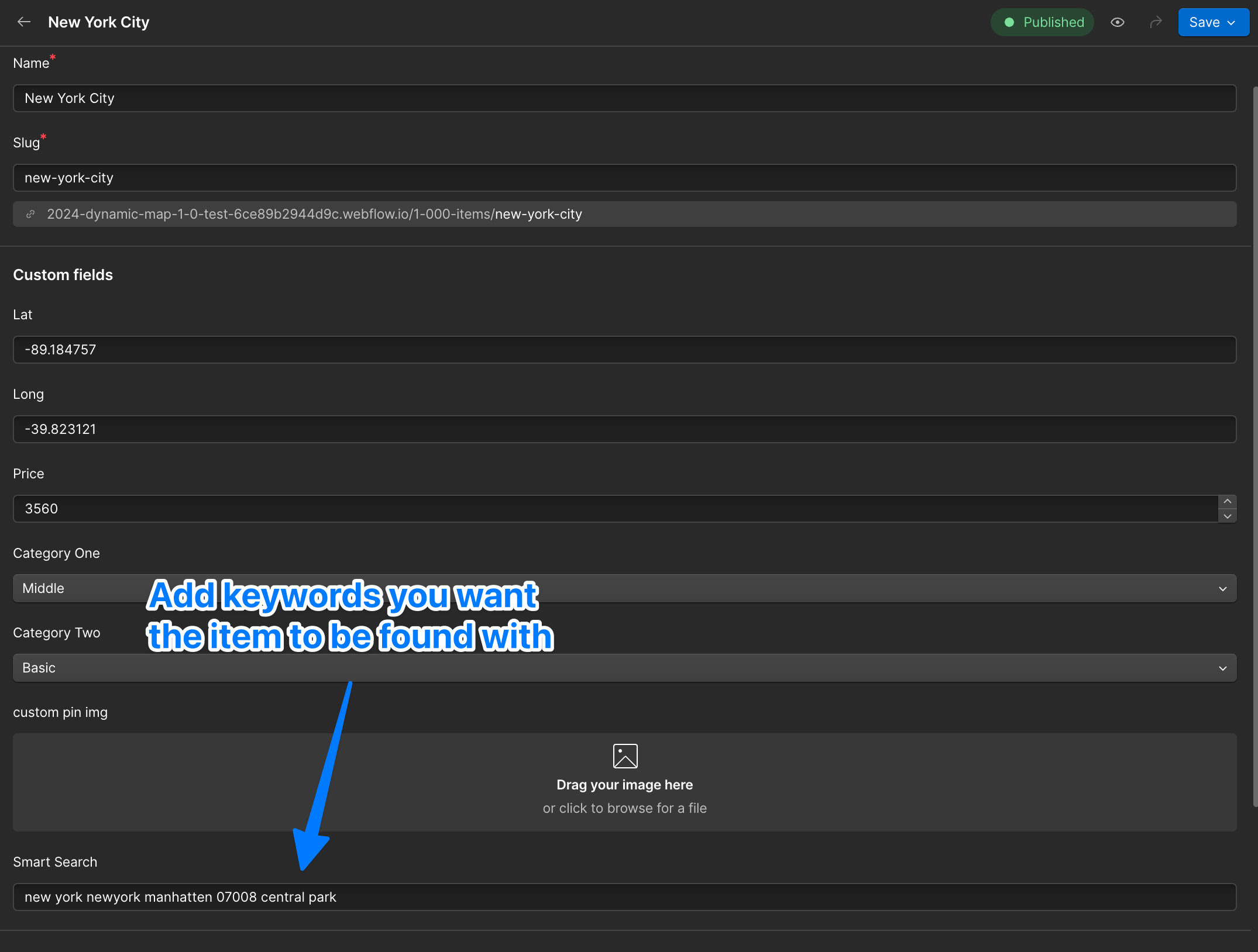 Webflow CMS item editor showing the Smart Search field filled with search keywords for a map location.