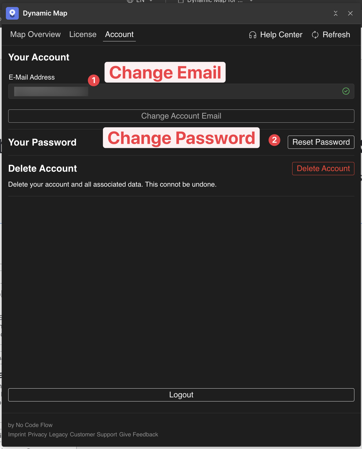 No Code Flow App account settings panel showing the fields to update email address and password.