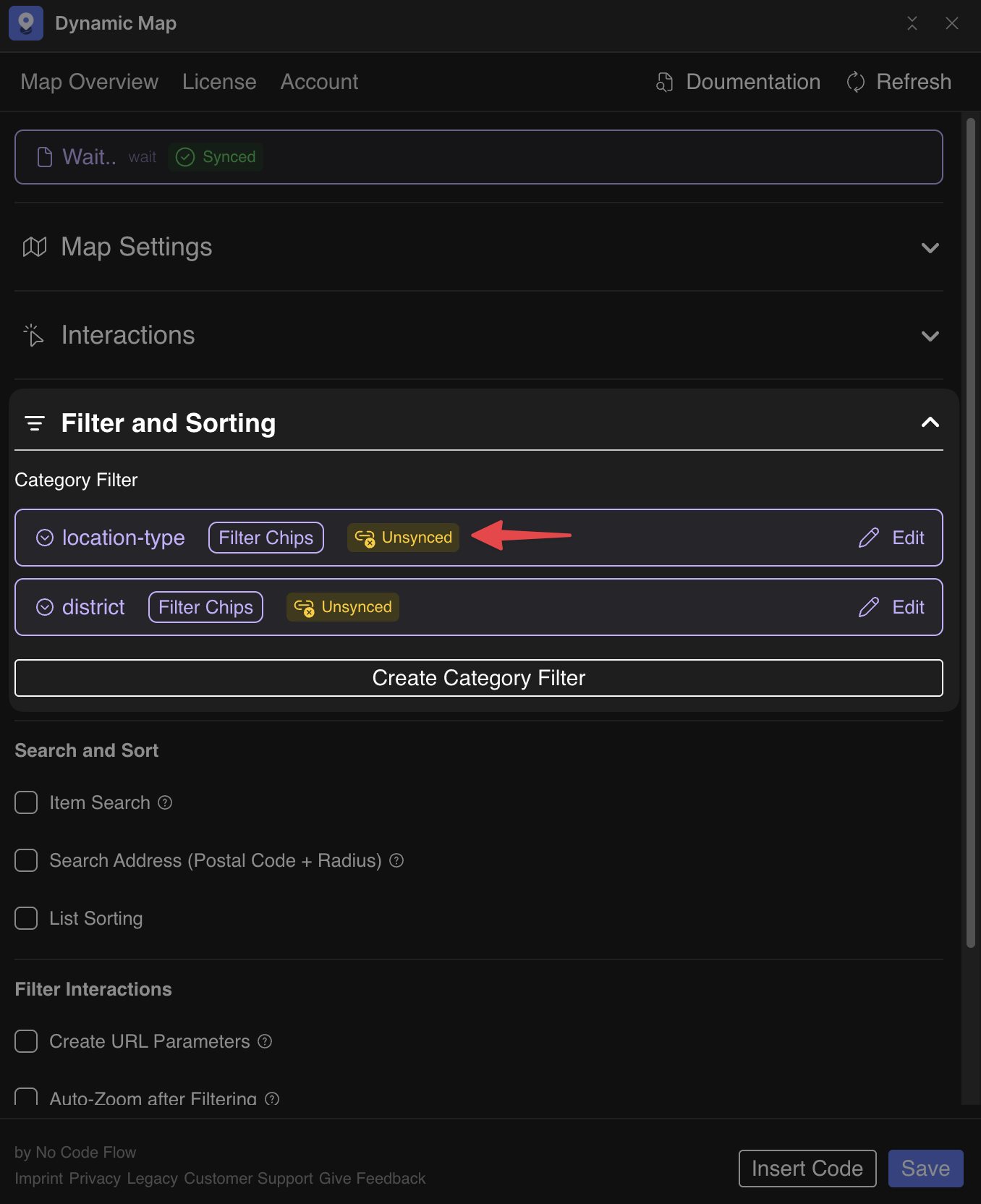 Dynamic Map App Filter and Sorting panel showing category filters with Unsynced badges indicating they need to be updated.