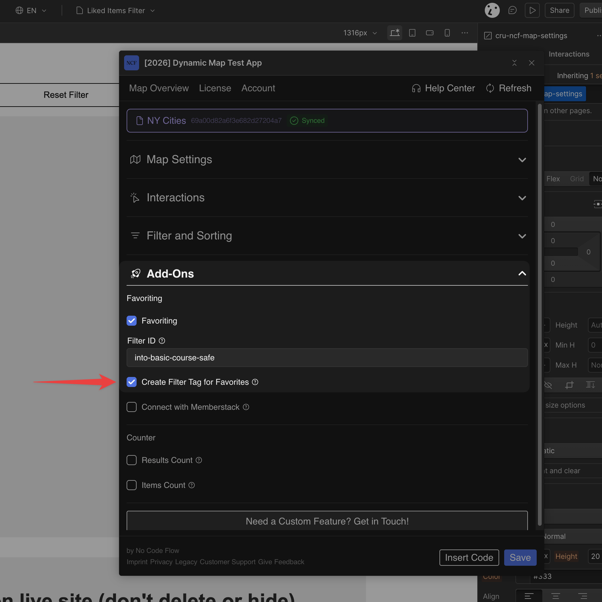 Dynamic Map App showing Create Filter Tag for Favorites enabled, and a preview of the Show Favorit Items Only button on the map.