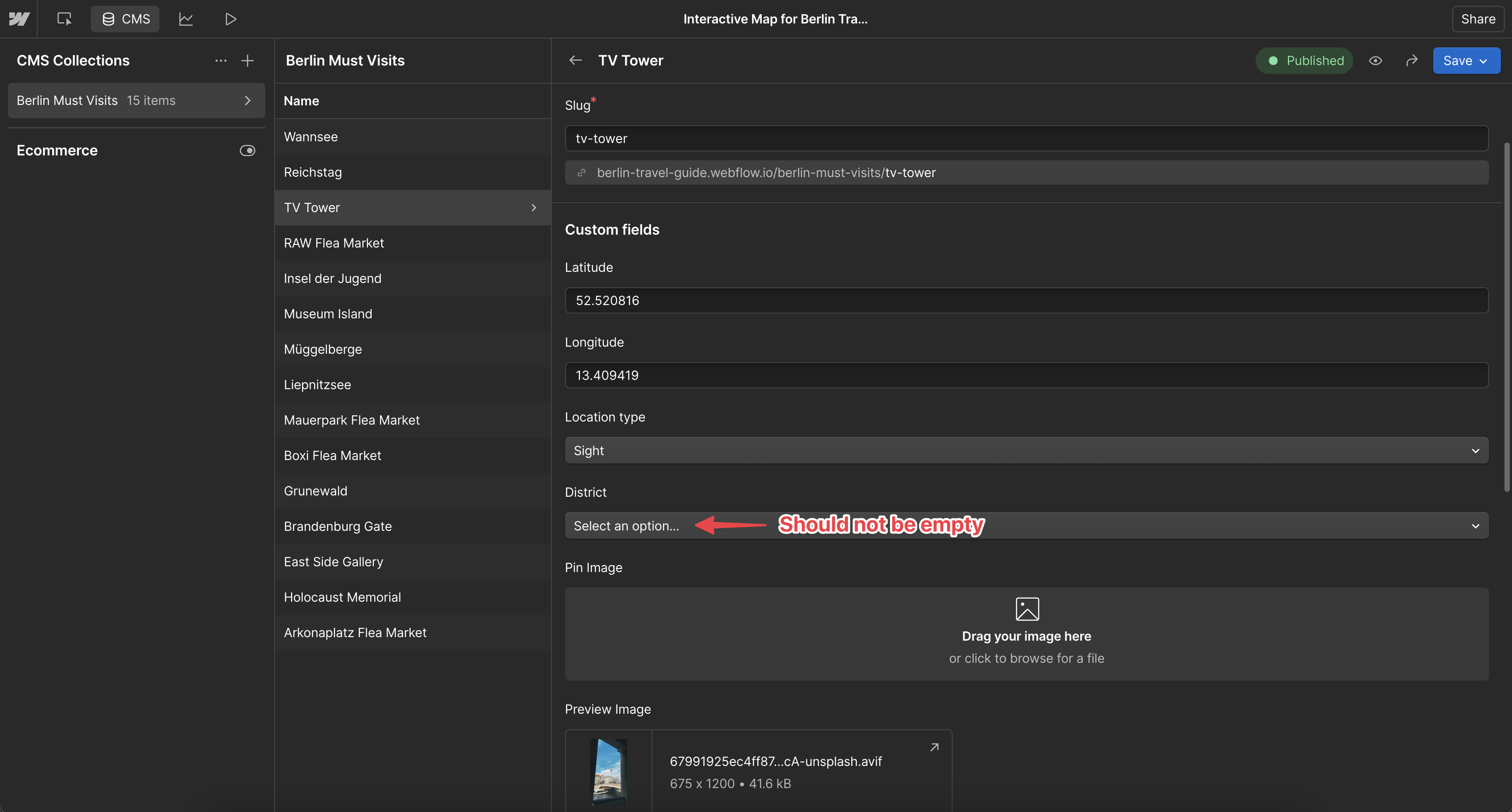 Webflow CMS item editor showing an empty option field that is causing the category filter to fail.