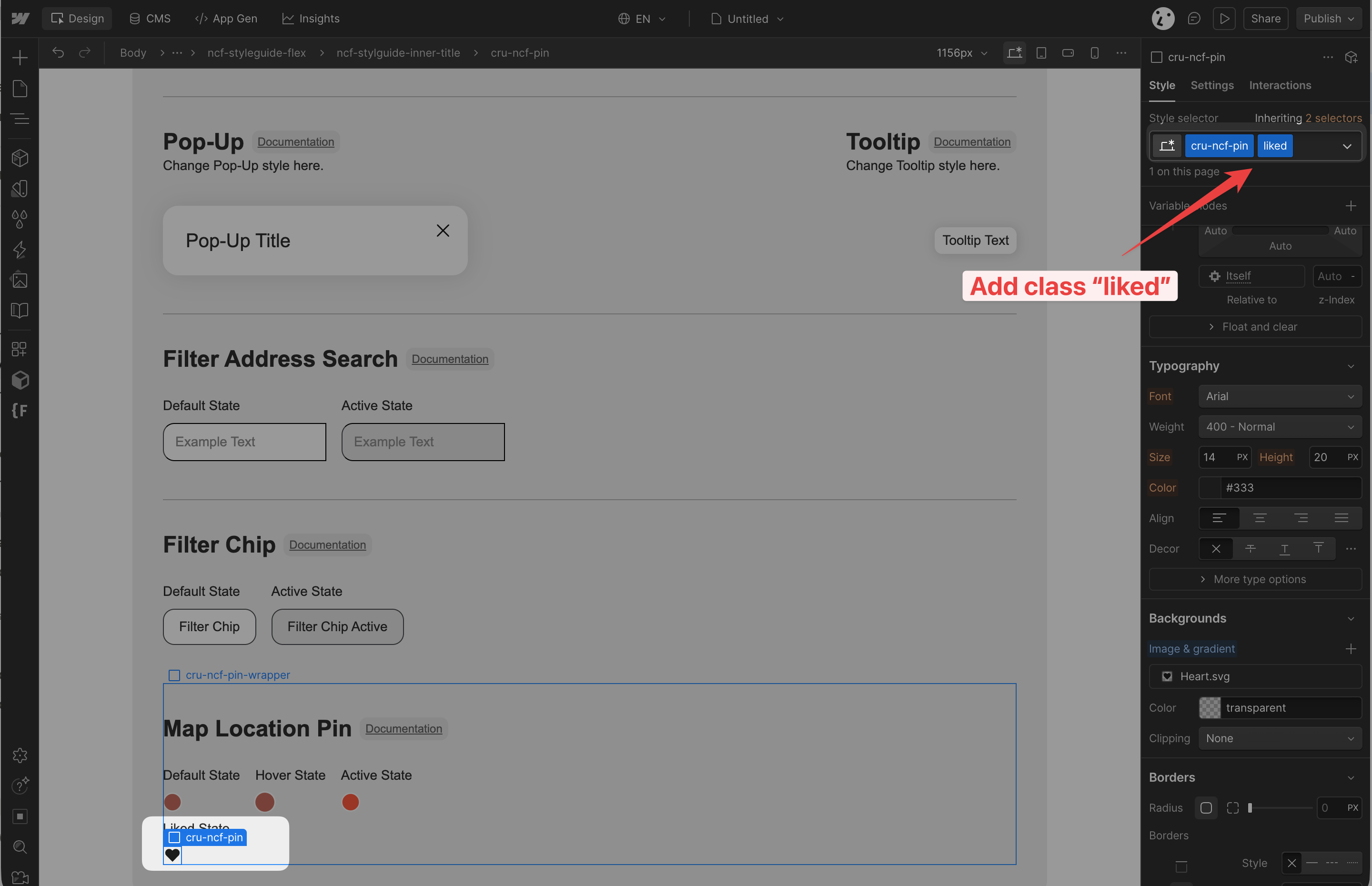 Webflow Designer showing the cru-ncf-pin element with the liked combo class applied to style favorited map pins.
