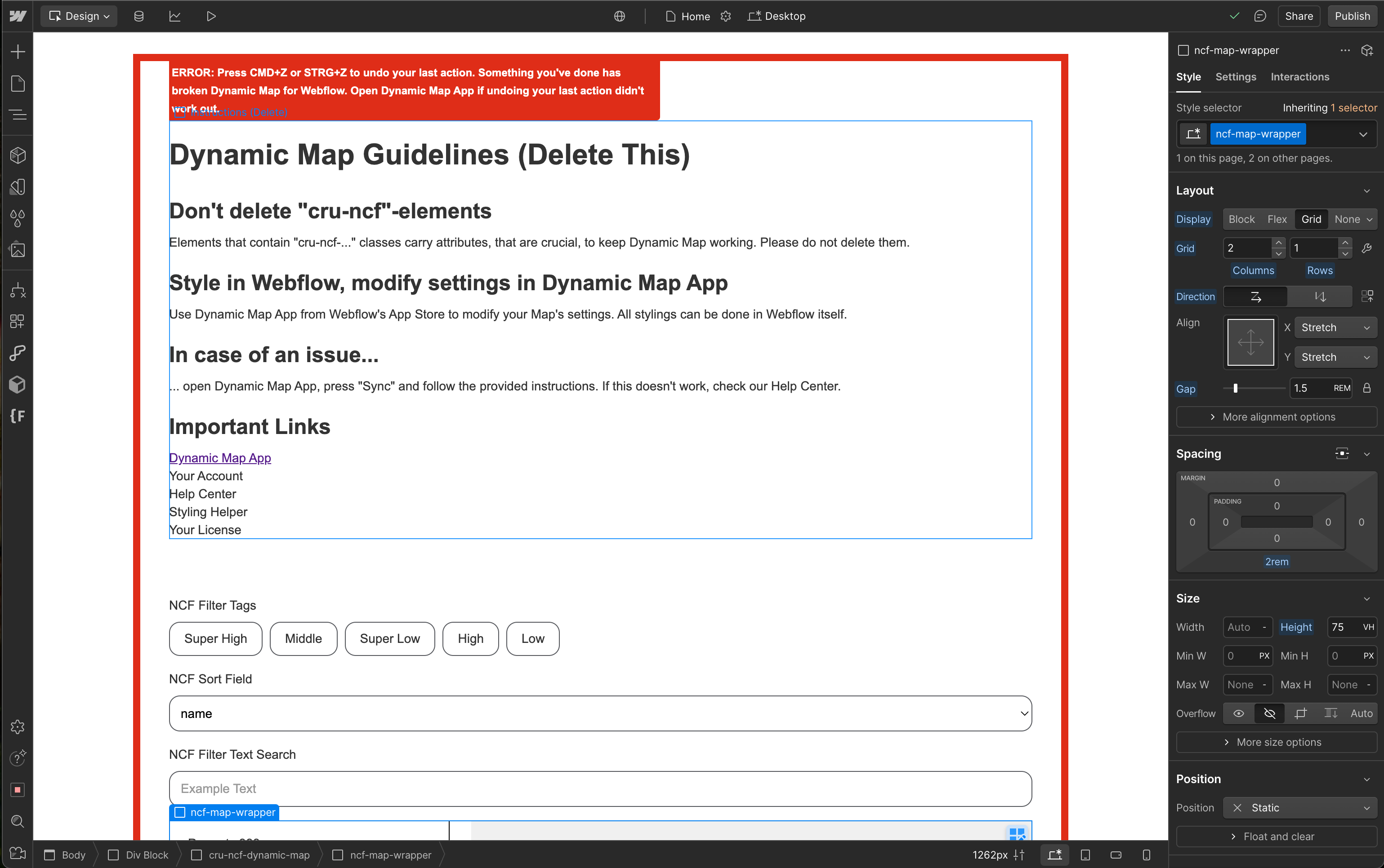 Webflow Designer with a red error border and error banner around the Dynamic Map wrapper element.