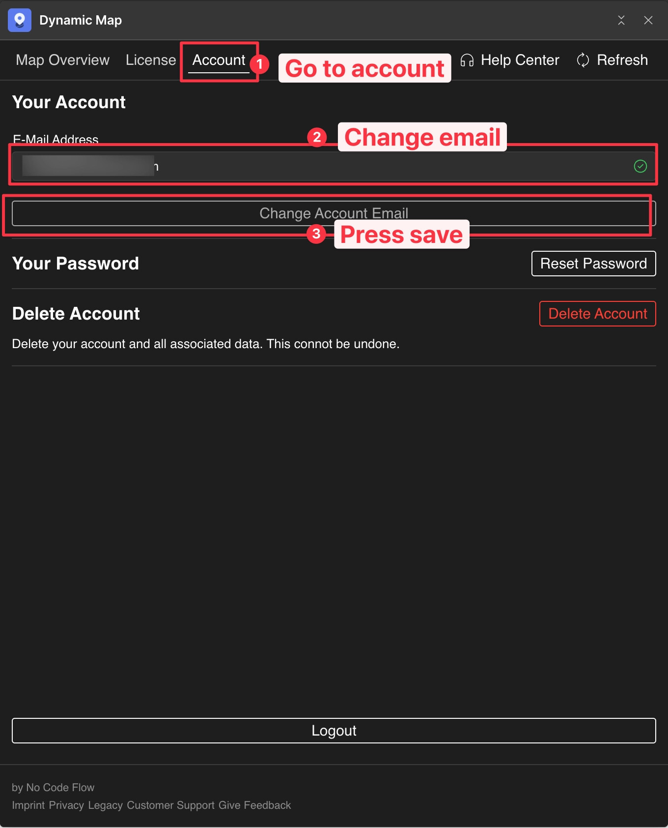 No Code Flow App showing the email and password update form with save button.
