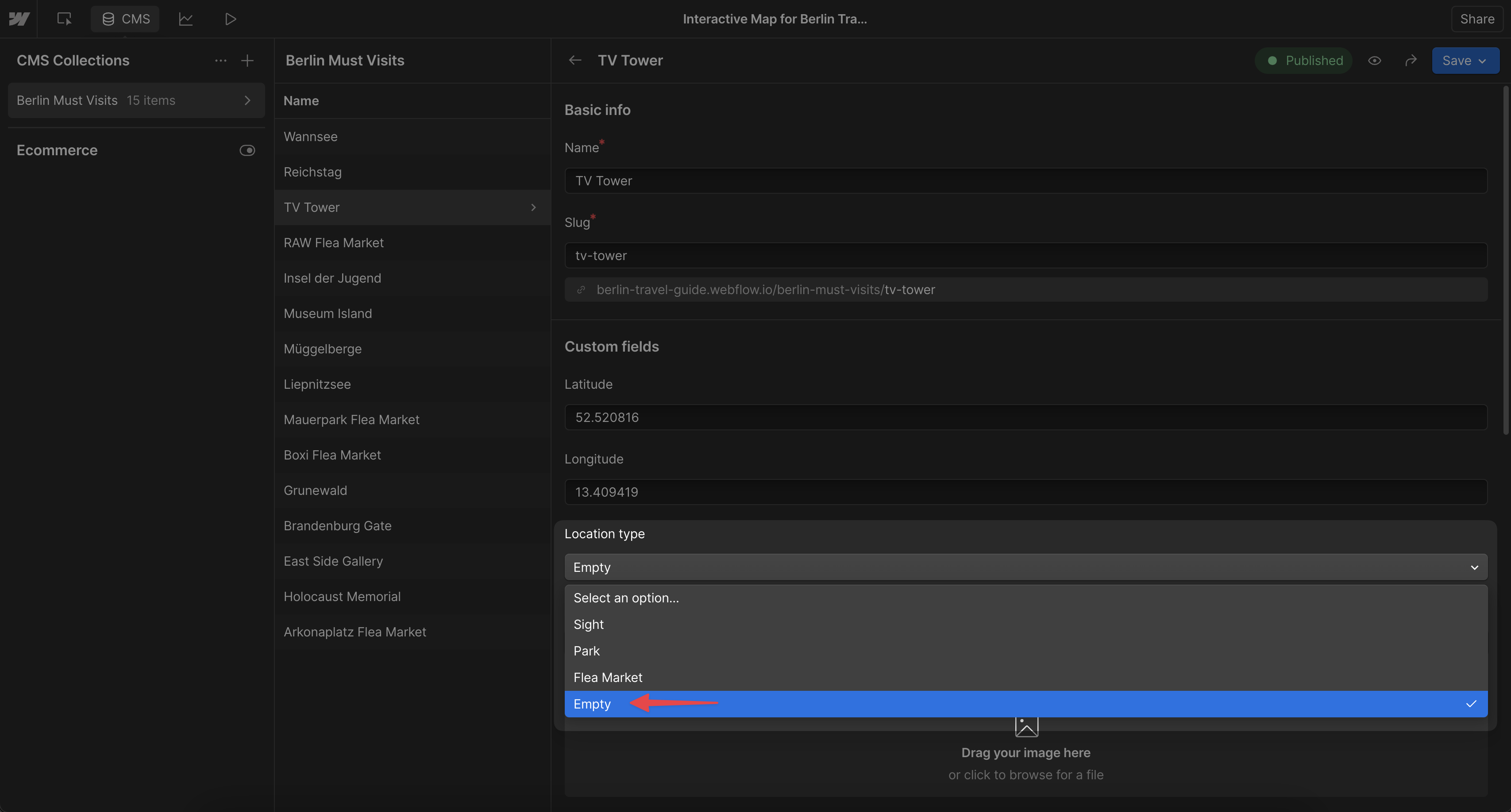 Webflow CMS item editor showing the empty placeholder option assigned to fix a broken category filter.