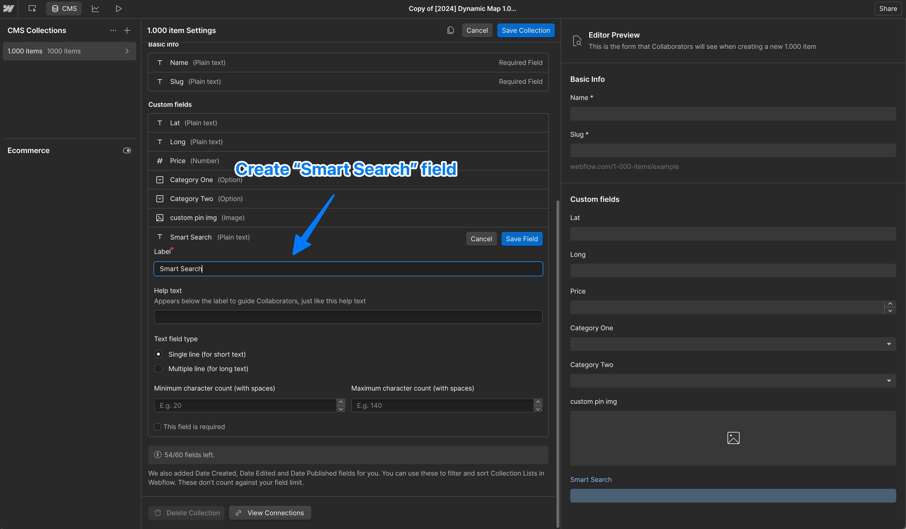 Webflow CMS collection settings showing a new Plain Text field called Smart Search being created and saved.