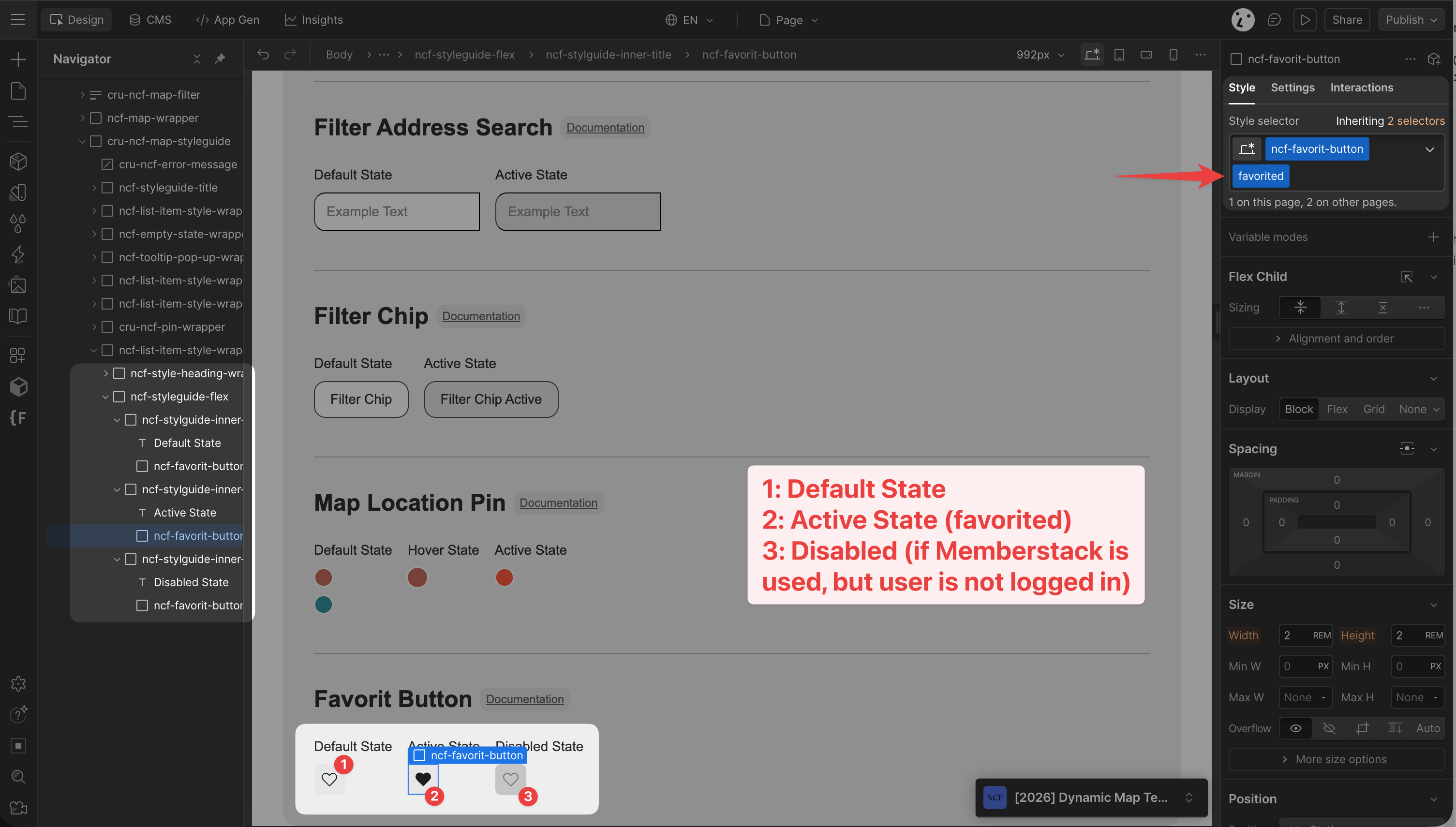 Webflow Designer Style Guide showing the three Favorit Button states: default, favorited (active), and disabled.