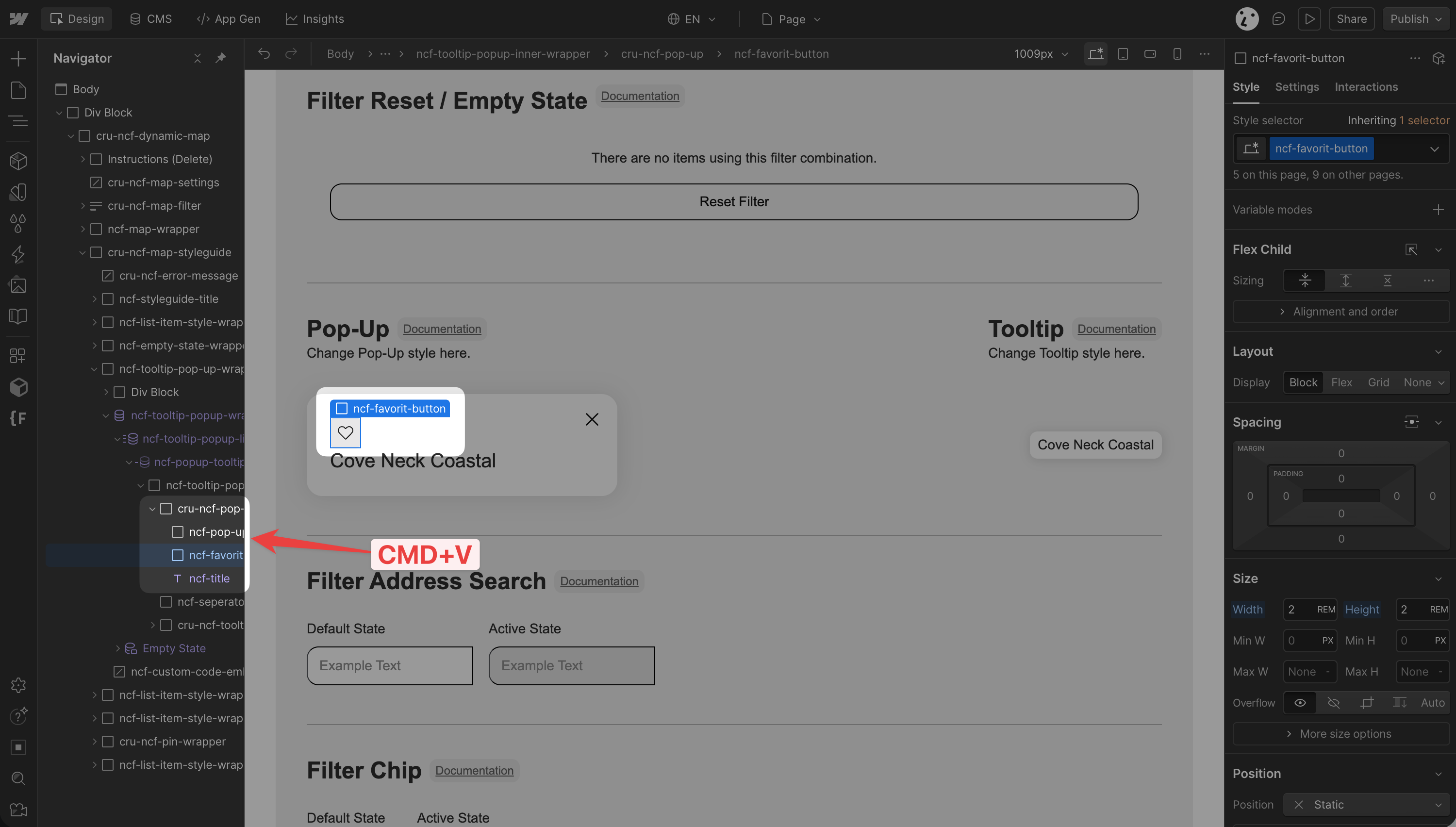 ... and paste the favorite button inside Dynamic Map pop-up inside the styleguide