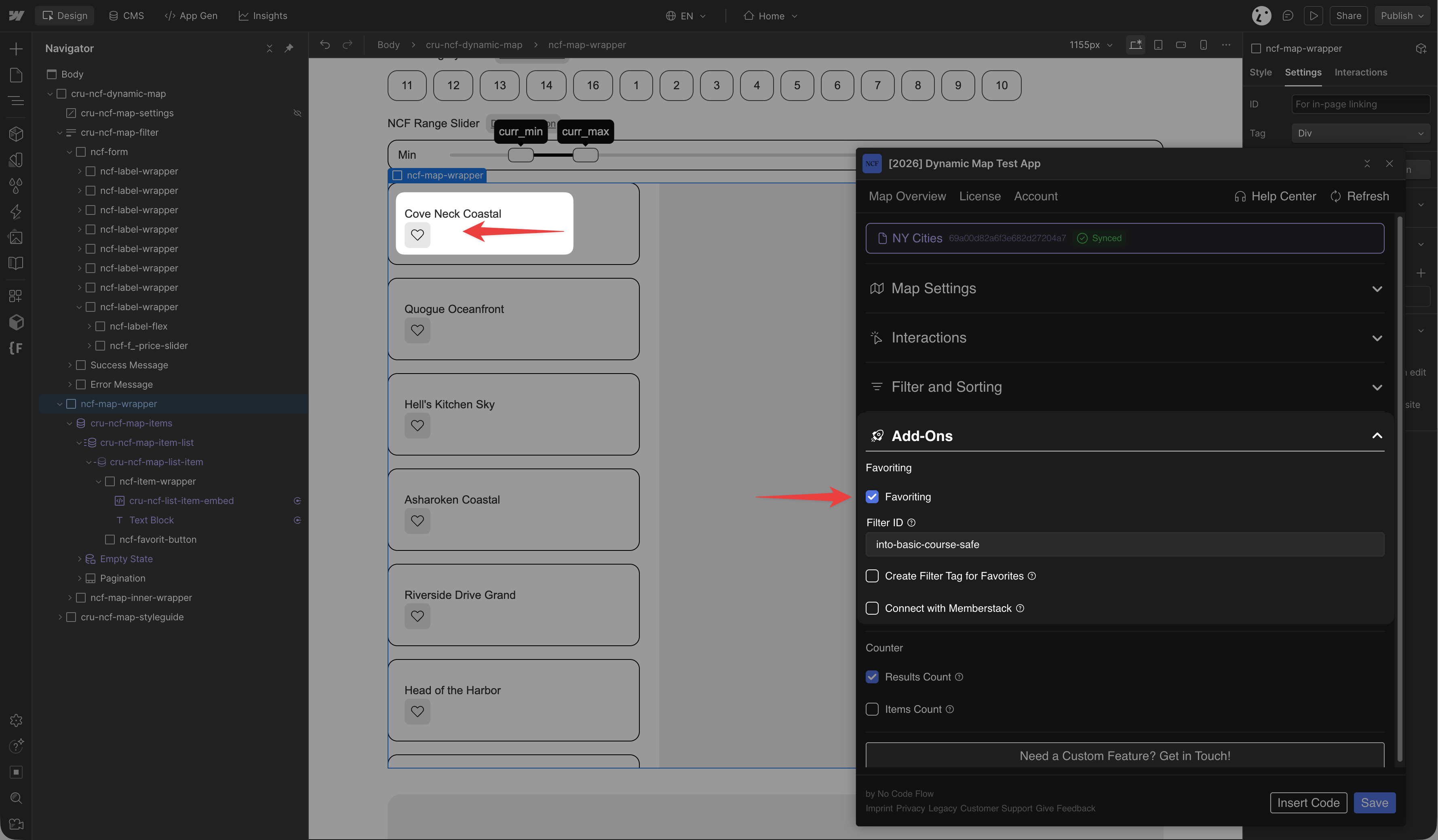 Dynamic Map for Webflow showing heart icons on map list items with the Add-Ons Favoriting option enabled in Dynamic Map App.