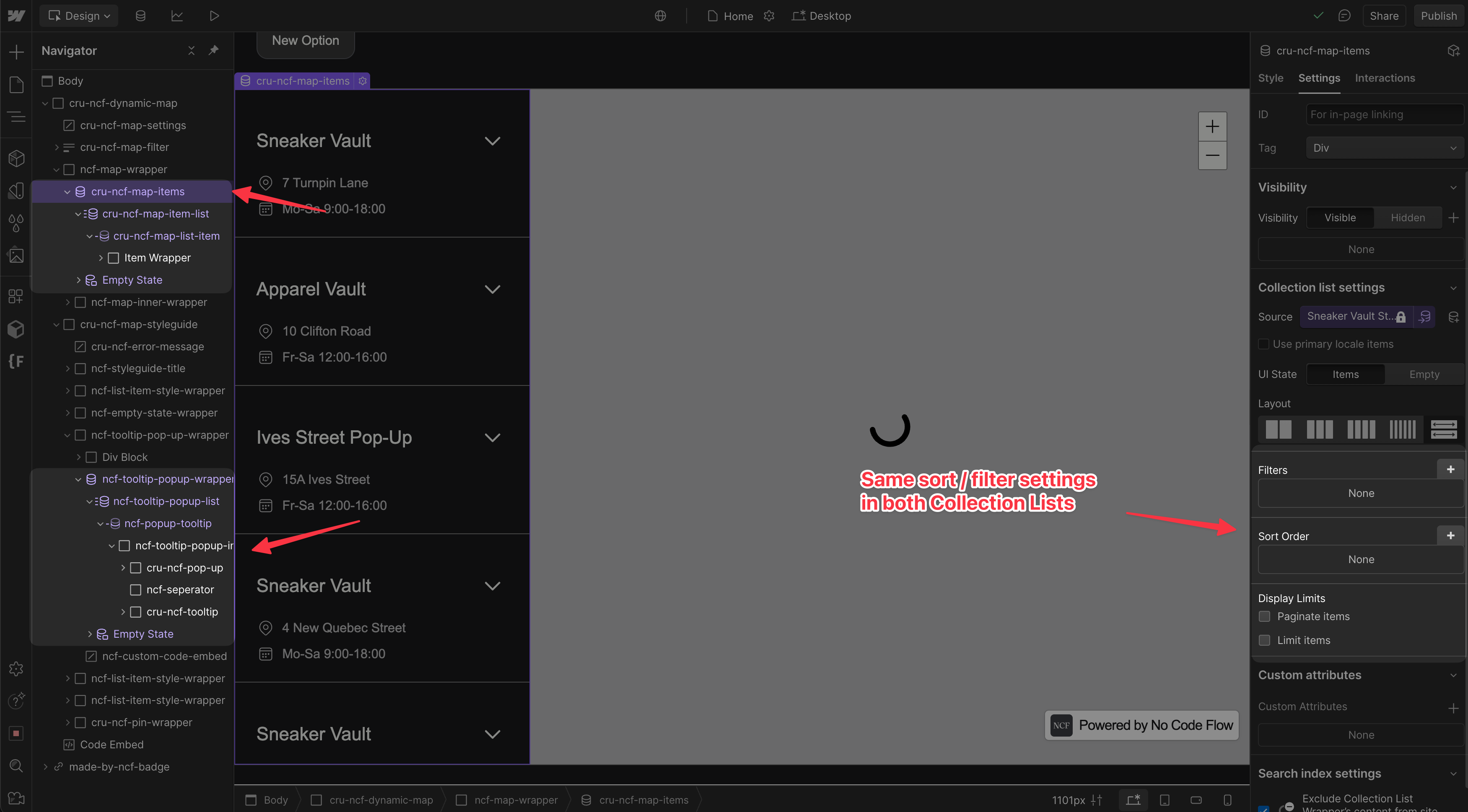 Webflow Designer showing both collection list settings panels with matching sort and filter configuration.