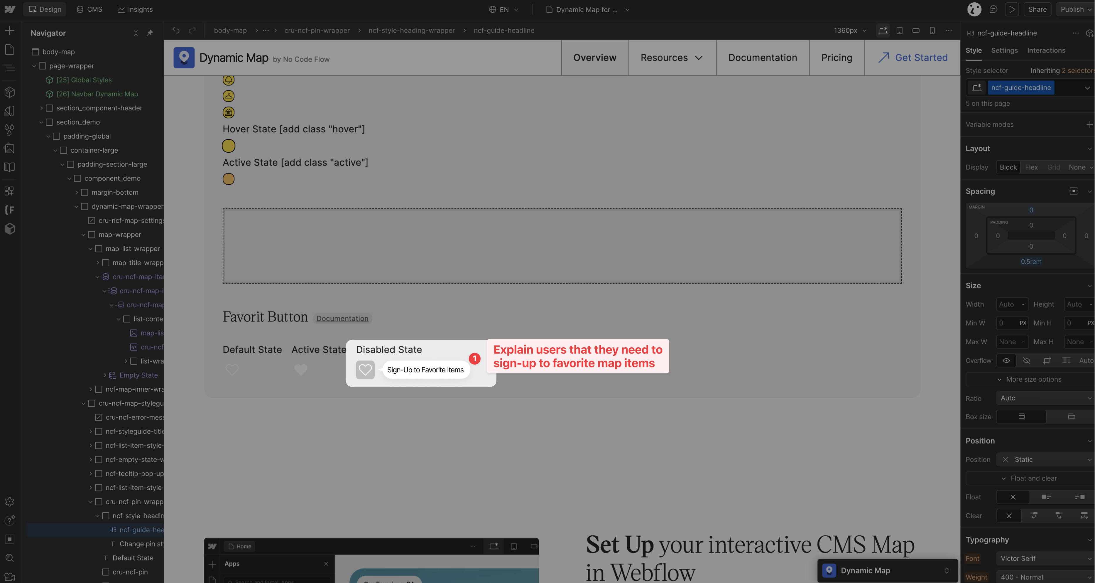 Webflow Designer showing the disabled Favorit Button state with a Sign-Up to Favorite Items label added.