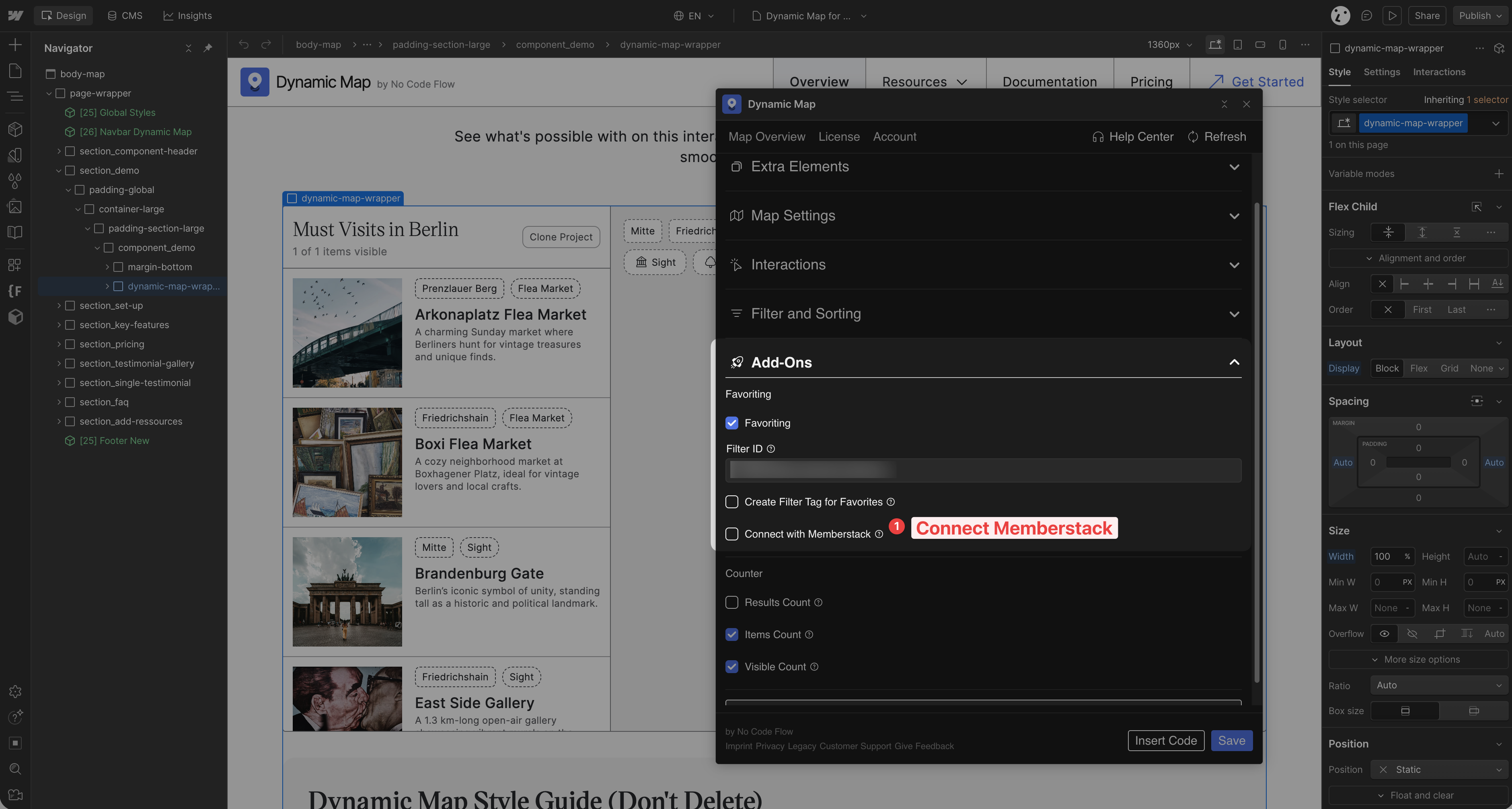 Dynamic Map App Add-Ons panel with Connect with Memberstack checkbox ticked.