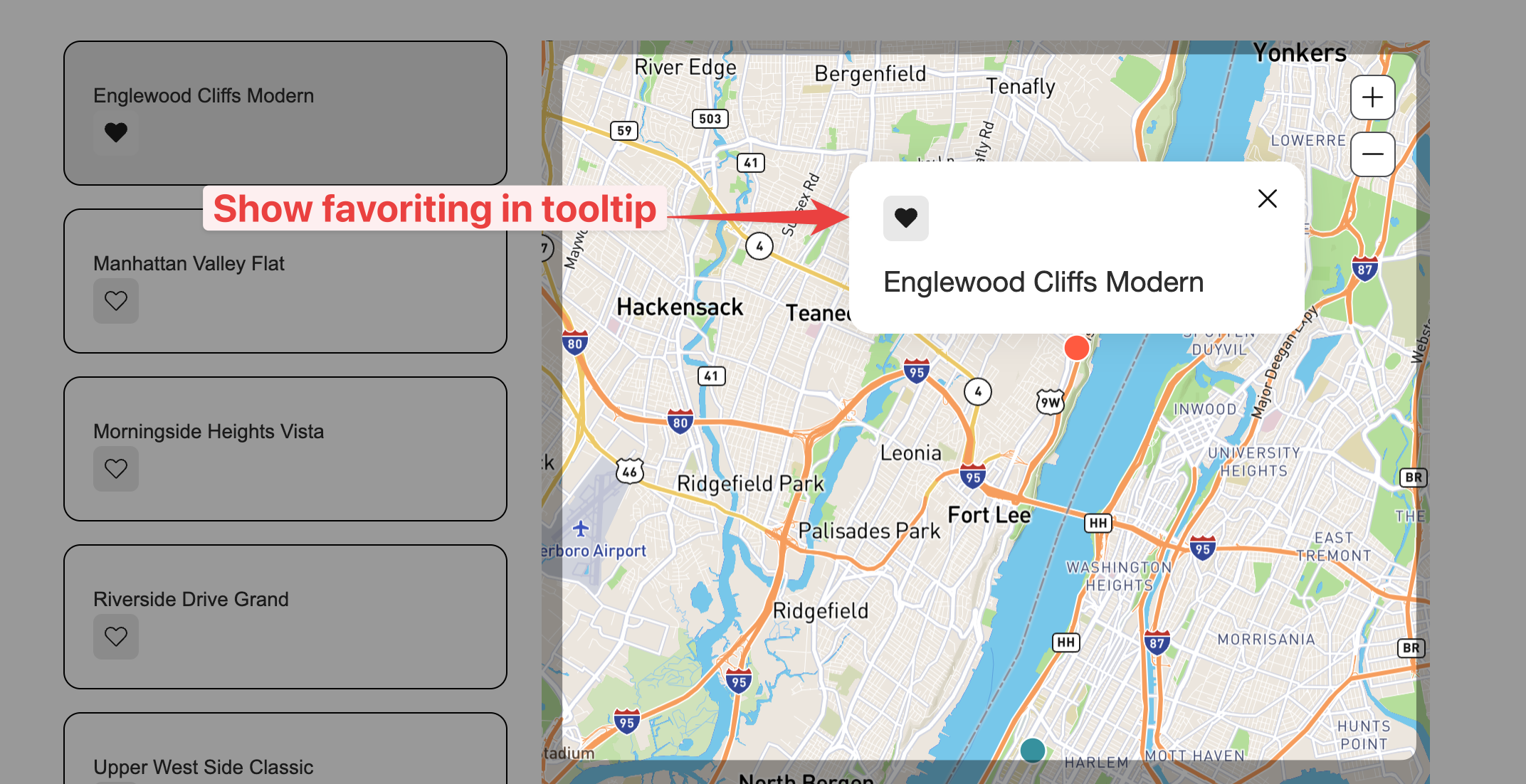 Webflow Designer showing the favorite button being copied from the list item and pasted into the pop-up element.