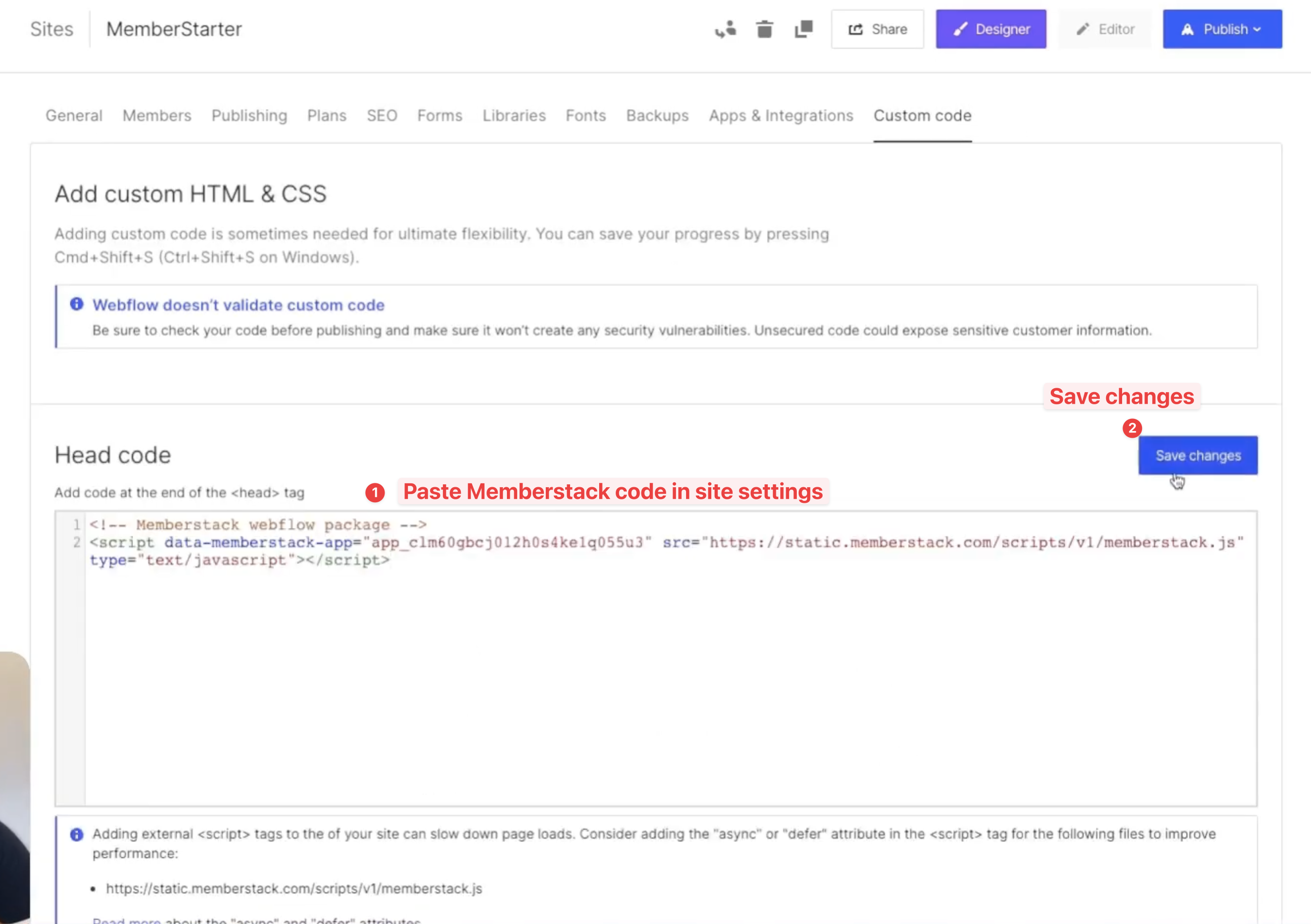 Webflow Site Settings showing the Memberstack script pasted into the Custom Code Head field, with the Save changes button visible.